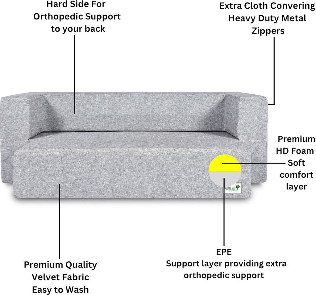 FRIENDS LIFE 4 Seater Sofa Cum Bed | 1 Years Warranty | Foldable Sofacum Bed 4 Pillow | Jute Finish Fabric, Silver Comfort for All Sofa Cum Bed for Living Room & Guests (N-CA29)