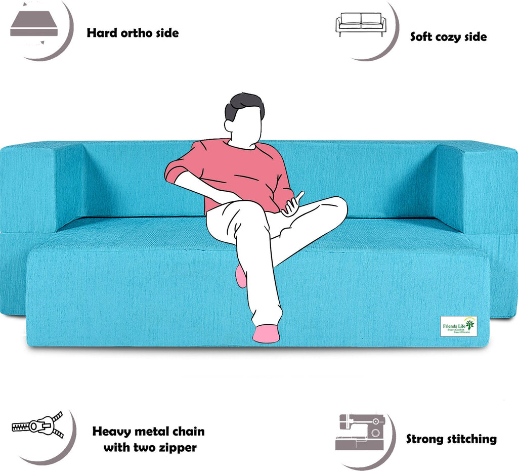 FRIENDS LIFE 4 Seater Sofa Cum Bed | 1 Years Warranty | Foldable Sofa cuma Bed 4 Pillow | Jute Finish Fabric, Blue Comfort for All Sofa Cum Bed for Living Room & Guests (N-CA03)