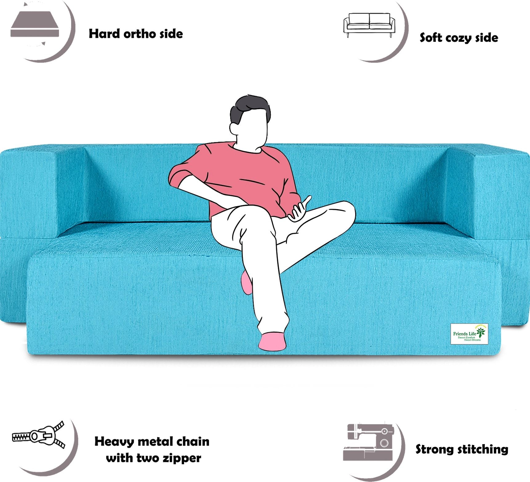 FRIENDS LIFE 4 Seater Sofa Cum Bed | 1 Years Warranty | Foldable Sofa cuma Bed 4 Pillow | Jute Finish Fabric, Blue Comfort for All Sofa Cum Bed for Living Room & Guests (N-CA03)