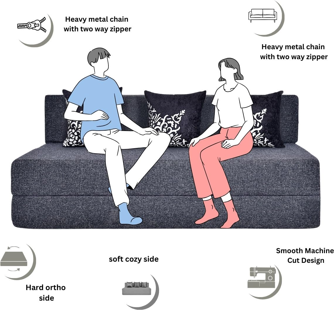3 Seater Sofa Cum Bed | 1 Years Warranty | Foldable Sofacum Bed | 3 Pillow Jute Finish Fabric, Grey (5X6) inches Comfort for All Sofa Cum Bed for Living Room & Guests (N-FA037)