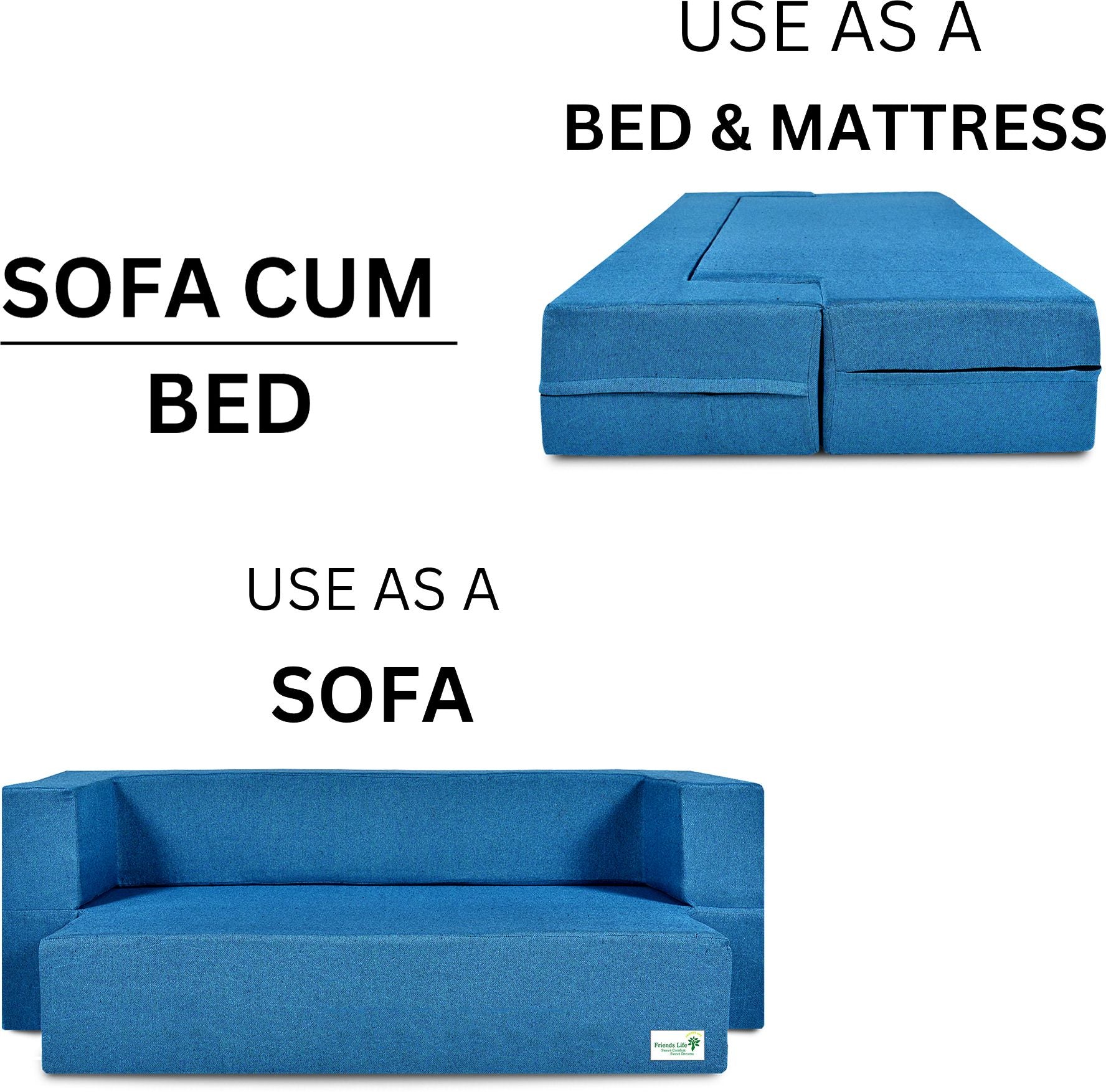 FRIENDS LIFE 4 Seater Sofa Cum Bed | 1 Years Warranty | Foldable Sofa Cuma Bed | 4 Pillow | Jute Finish Fabric, Blue Comfort for All Sofa Cum Bed for Living Room & Guests (N-CA11)