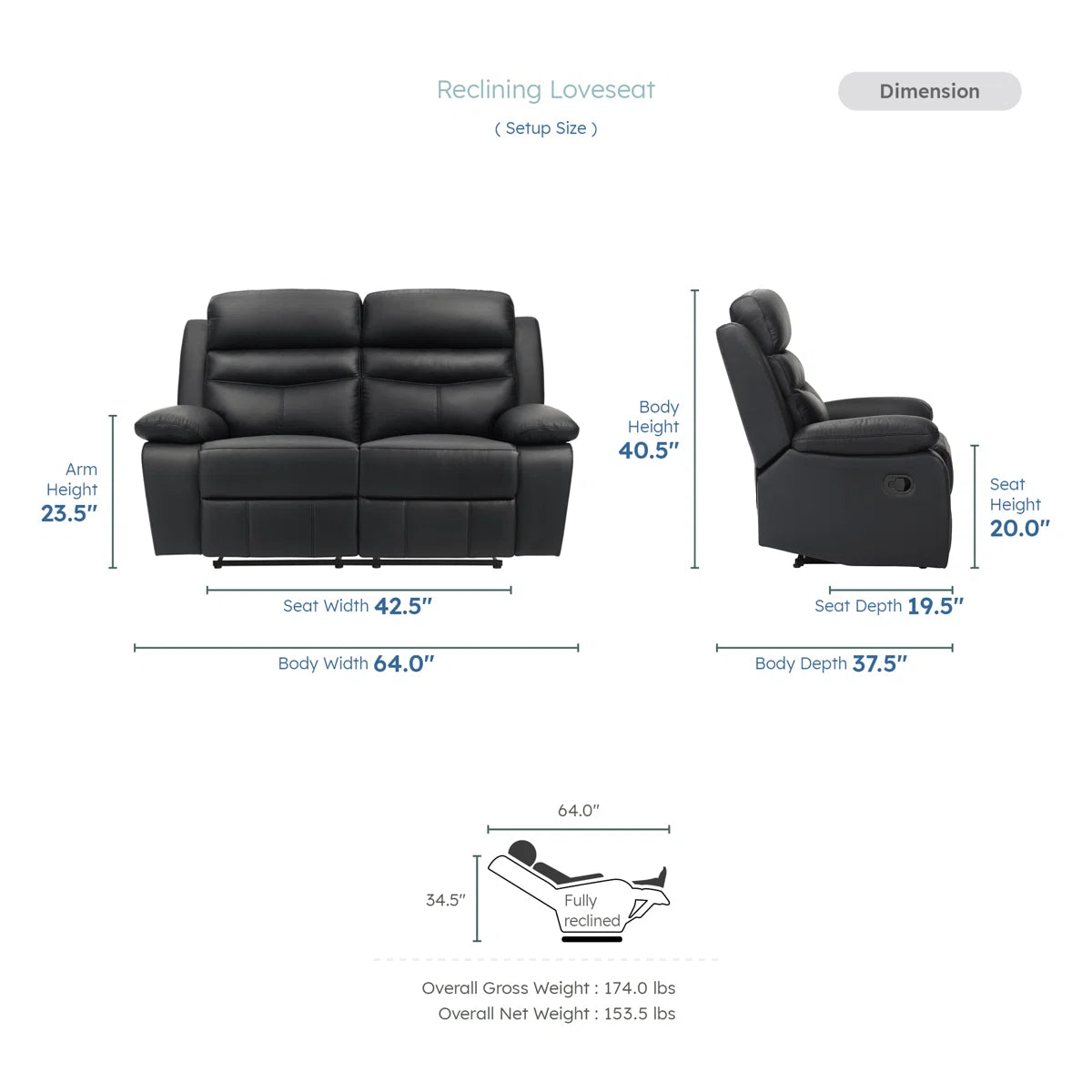 Loveseat Manual Recliner Sofa 2 Seater Reclining Chair with Footrest Color Cream White (Black)