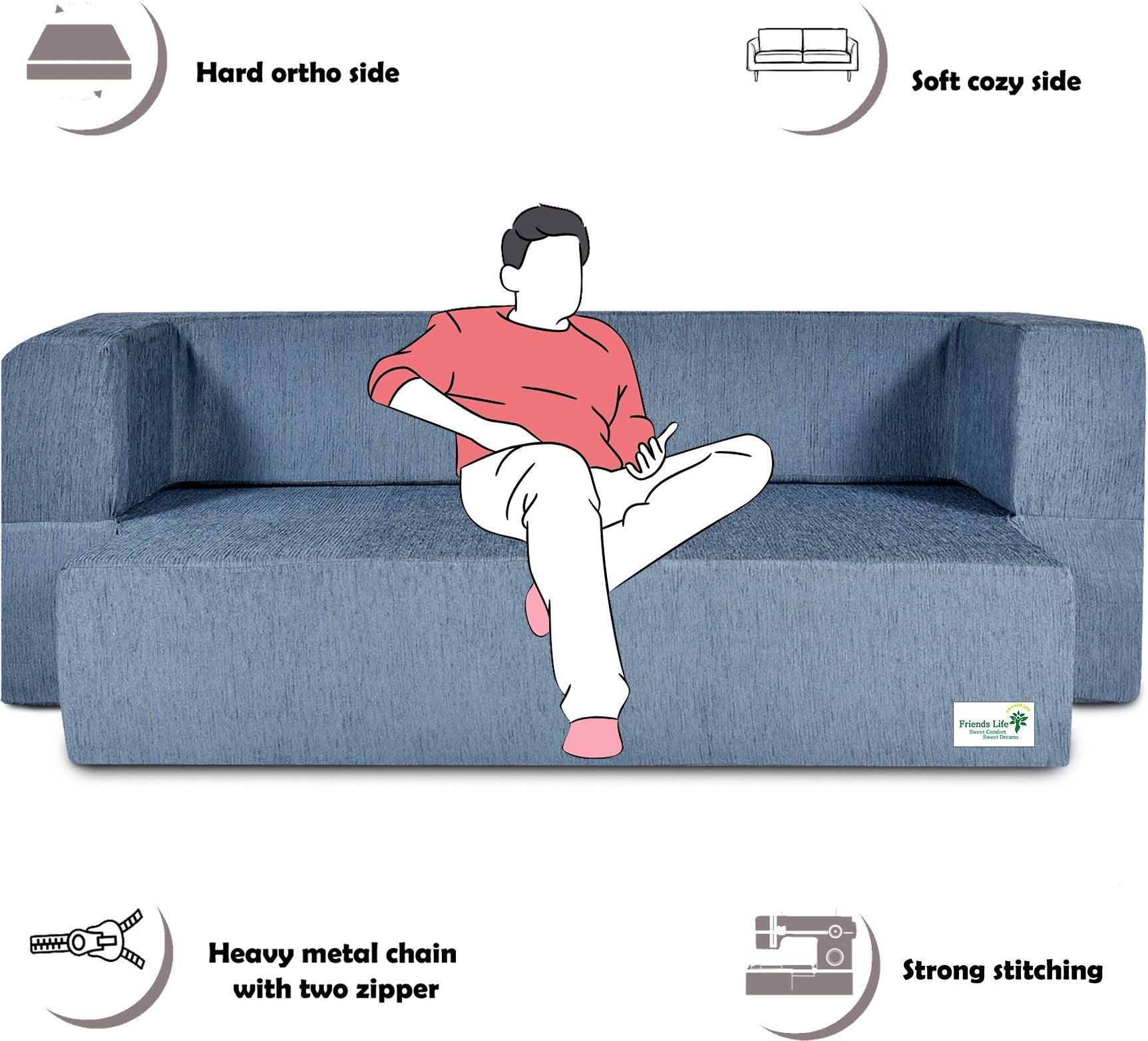 FRIENDS LIFE 4 Seater Sofa Cum Bed | 1 Years Warranty | Foldable Sofacum Bed | 4 Pillow | Jute Finish Fabric, Grey (44X10X72) inches Comfort for All Sofa Cum Bed for Living Room & Guests (N-CA41)