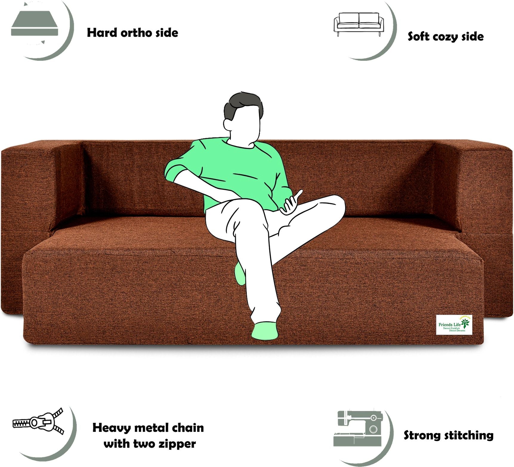 FRIENDS LIFE Sofa Cum Bed | 1 Years Warranty | Foldable Sofa cuma Bed | Jute Finish Fabric, Brown (44X10X72) inches Comfort for All Sofa Cum Bed for Living Room & Guests (N-CA25)