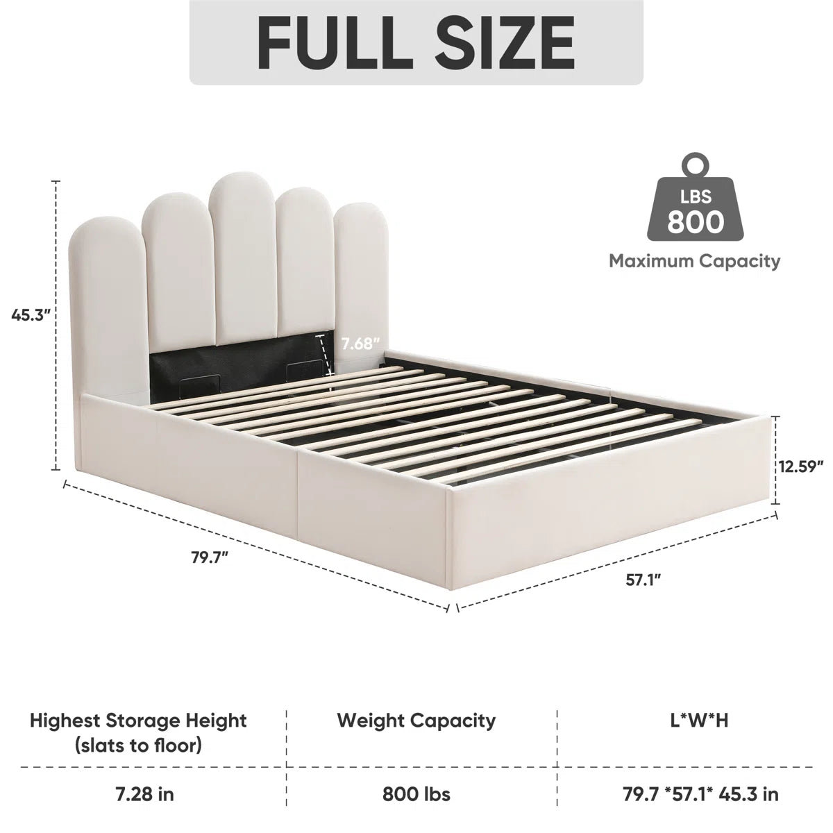 FRIENDS LIFE Velvet Palm shaped Headboard Full Bed Frame with Lift Up Storage, No Box Spring Needed, Cream