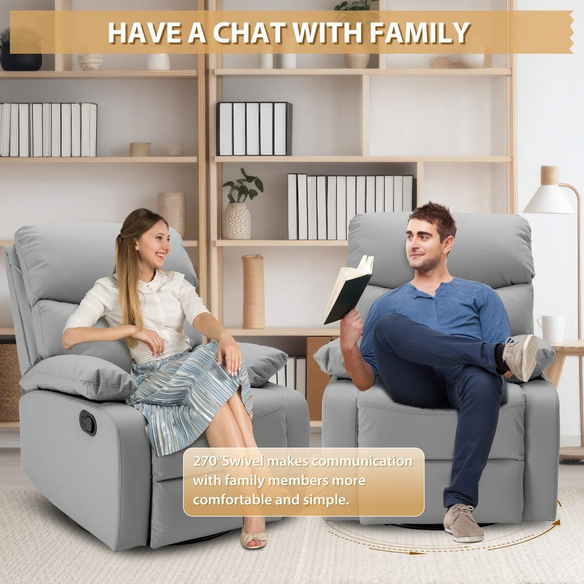 FRIENDS LIFE Cowhide Recliner Sofa Manual Ergonomic Rocking Recliner Sofa with 360° Swivel