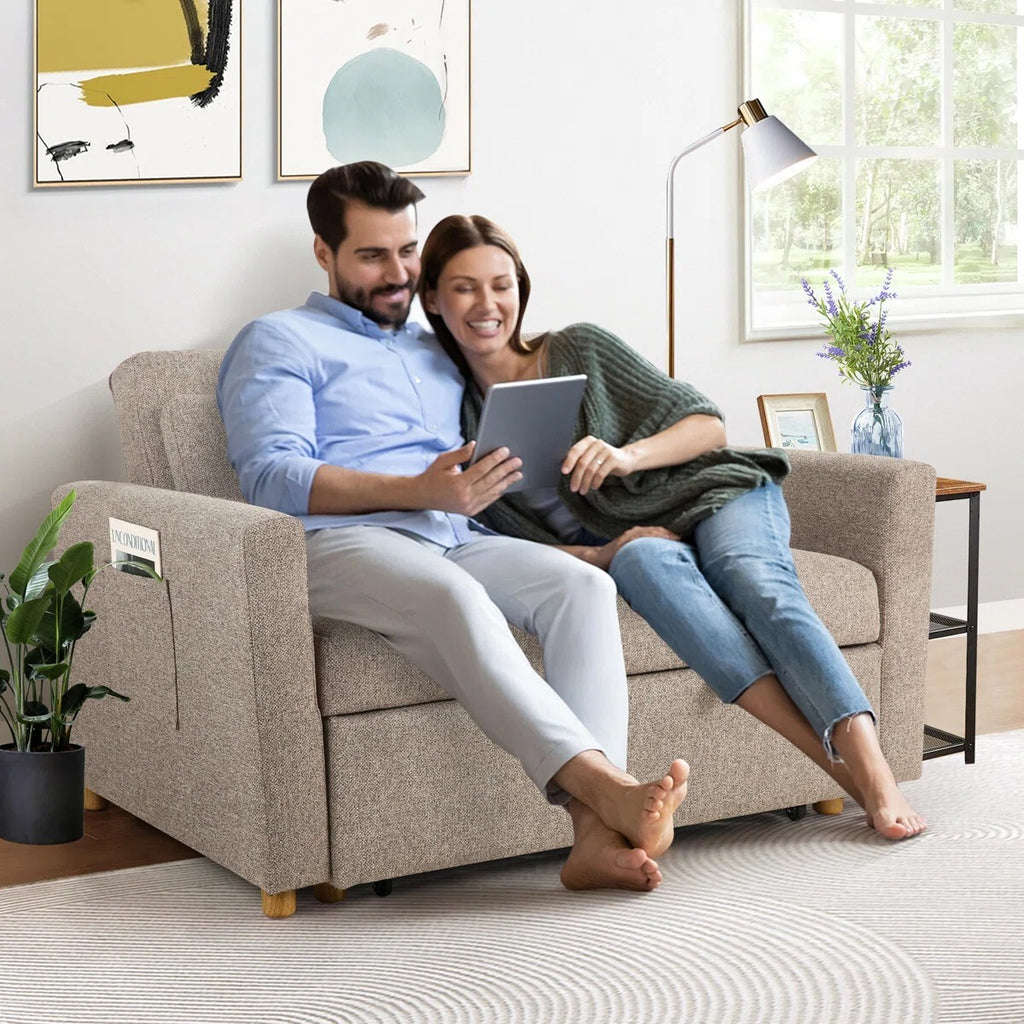 FRIENDS LIFE Dharius 48.5" Pull Out Convertible Sofa Bed 3 in 1 Upholstered Reclining Sleeper Sofa Cum Bed with Cushions Color Brown Grey