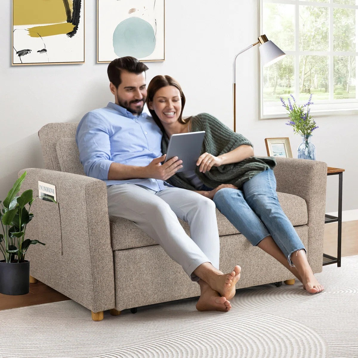 FRIENDS LIFE Dharius 48.5" Pull Out Convertible Sofa Bed 3 in 1 Upholstered Reclining Sleeper Sofa Cum Bed with Cushions Color Brown Grey