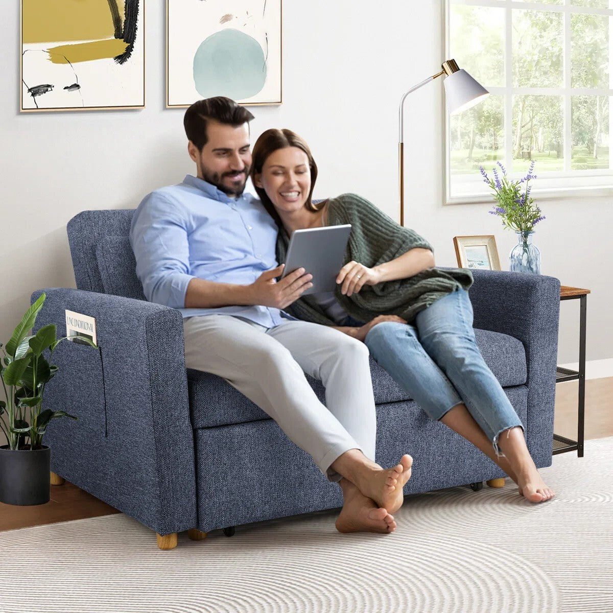 Dharius 48.5" Convertible Sofa Bed 3-in-1 Upholstered Reclining Sleeper Sofa Couch Bed with Cushions Color Navy Blue