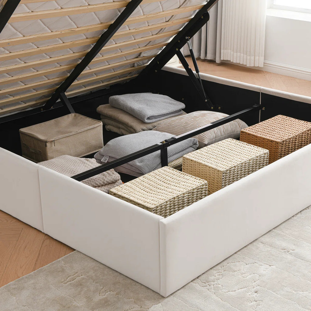 FRIENDS LIFE Velvet Palm shaped Headboard Full Bed Frame with Lift Up Storage, No Box Spring Needed, Cream