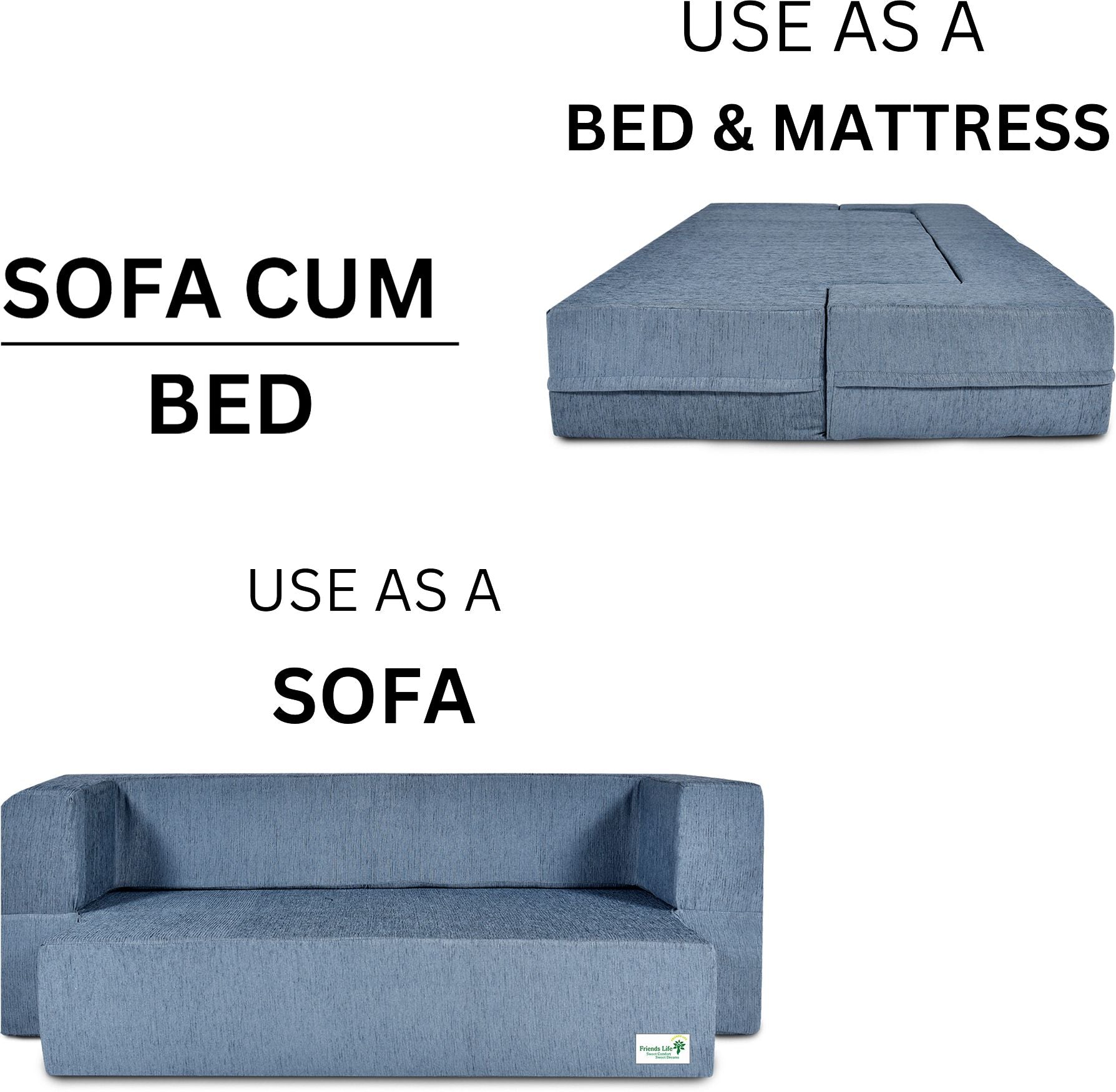 FRIENDS LIFE 4 Seater Sofa Cum Bed | 1 Years Warranty | Foldable Sofacum Bed | 4 Pillow | Jute Finish Fabric, Grey (44X10X72) inches Comfort for All Sofa Cum Bed for Living Room & Guests (N-CA41)