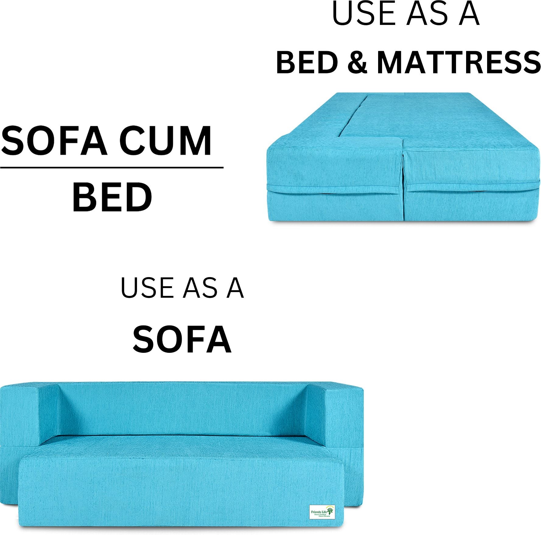 FRIENDS LIFE 4 Seater Sofa Cum Bed | 1 Years Warranty | Foldable Sofa cuma Bed 4 Pillow | Jute Finish Fabric, Blue Comfort for All Sofa Cum Bed for Living Room & Guests (N-CA03)