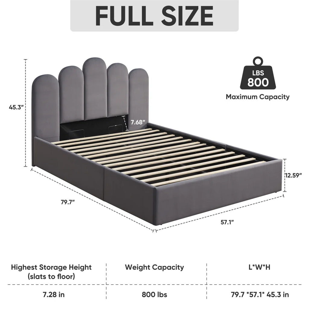 FRIENDS LIFE Velvet Palm shaped Headboard Full Bed Frame with Lift Up Storage, No Box Spring Needed, Gray