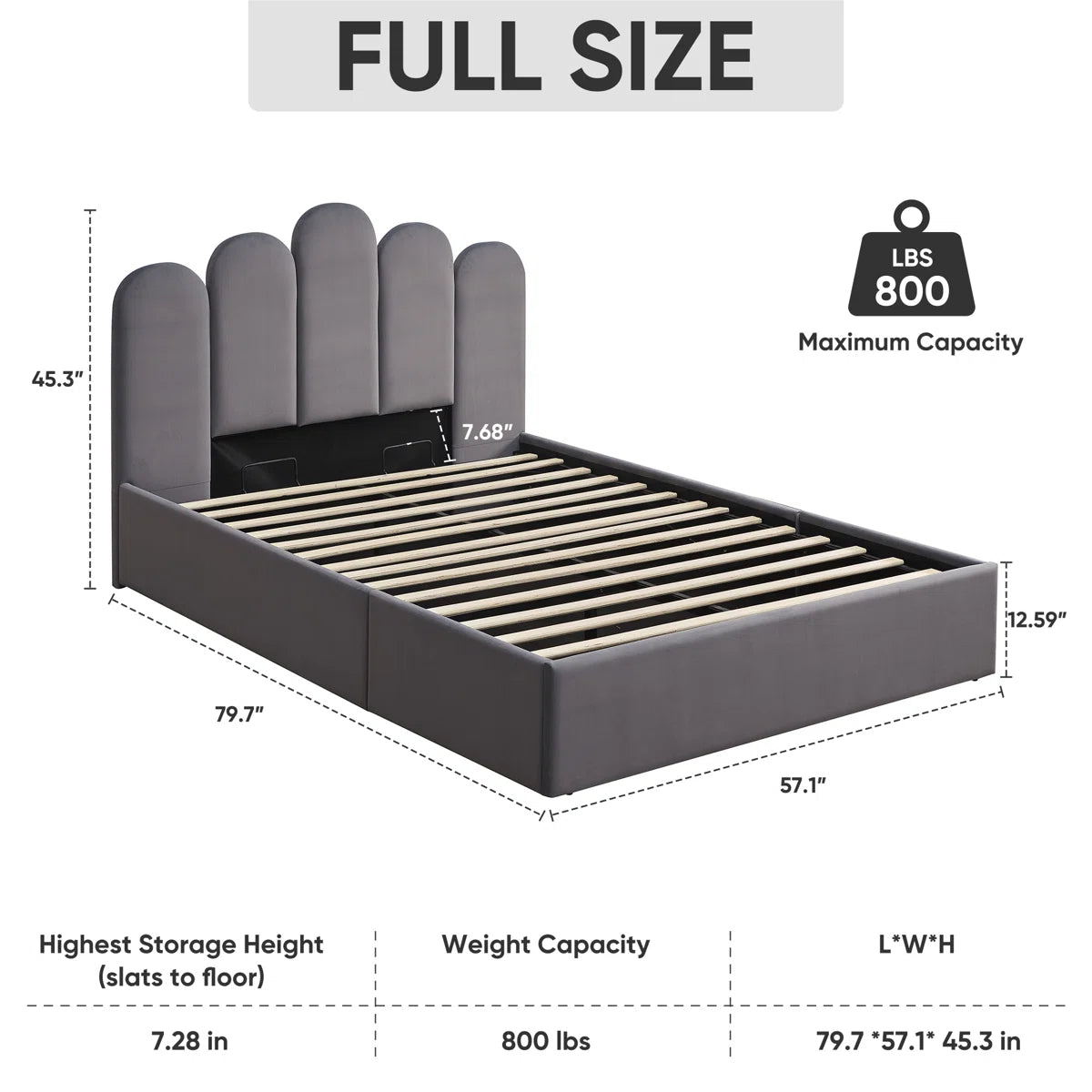 FRIENDS LIFE Velvet Palm shaped Headboard Full Bed Frame with Lift Up Storage, No Box Spring Needed, Gray