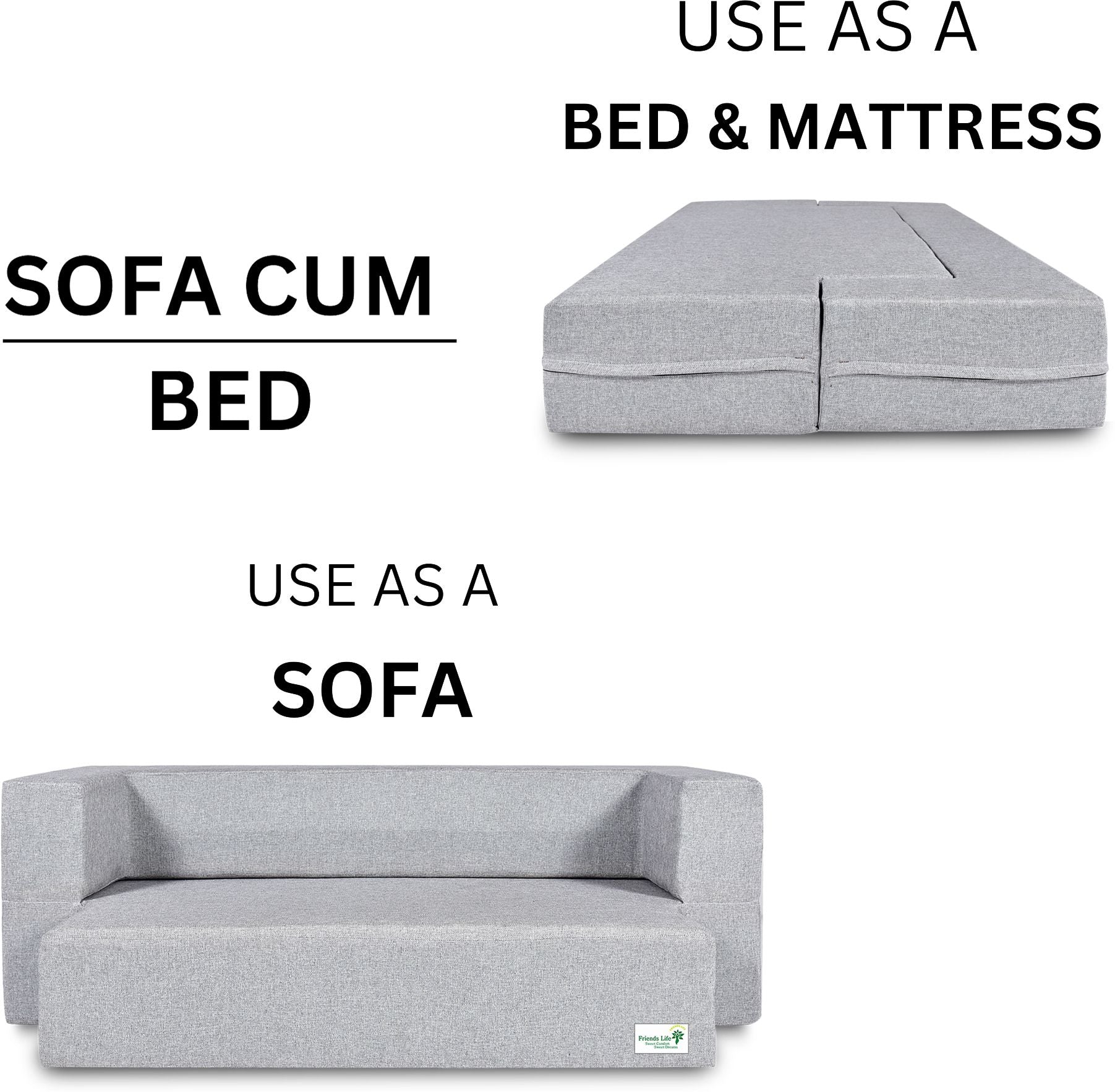 FRIENDS LIFE 4 Seater Sofa Cum Bed | 1 Years Warranty | Foldable Sofacum Bed 4 Pillow | Jute Finish Fabric, Silver Comfort for All Sofa Cum Bed for Living Room & Guests (N-CA29)