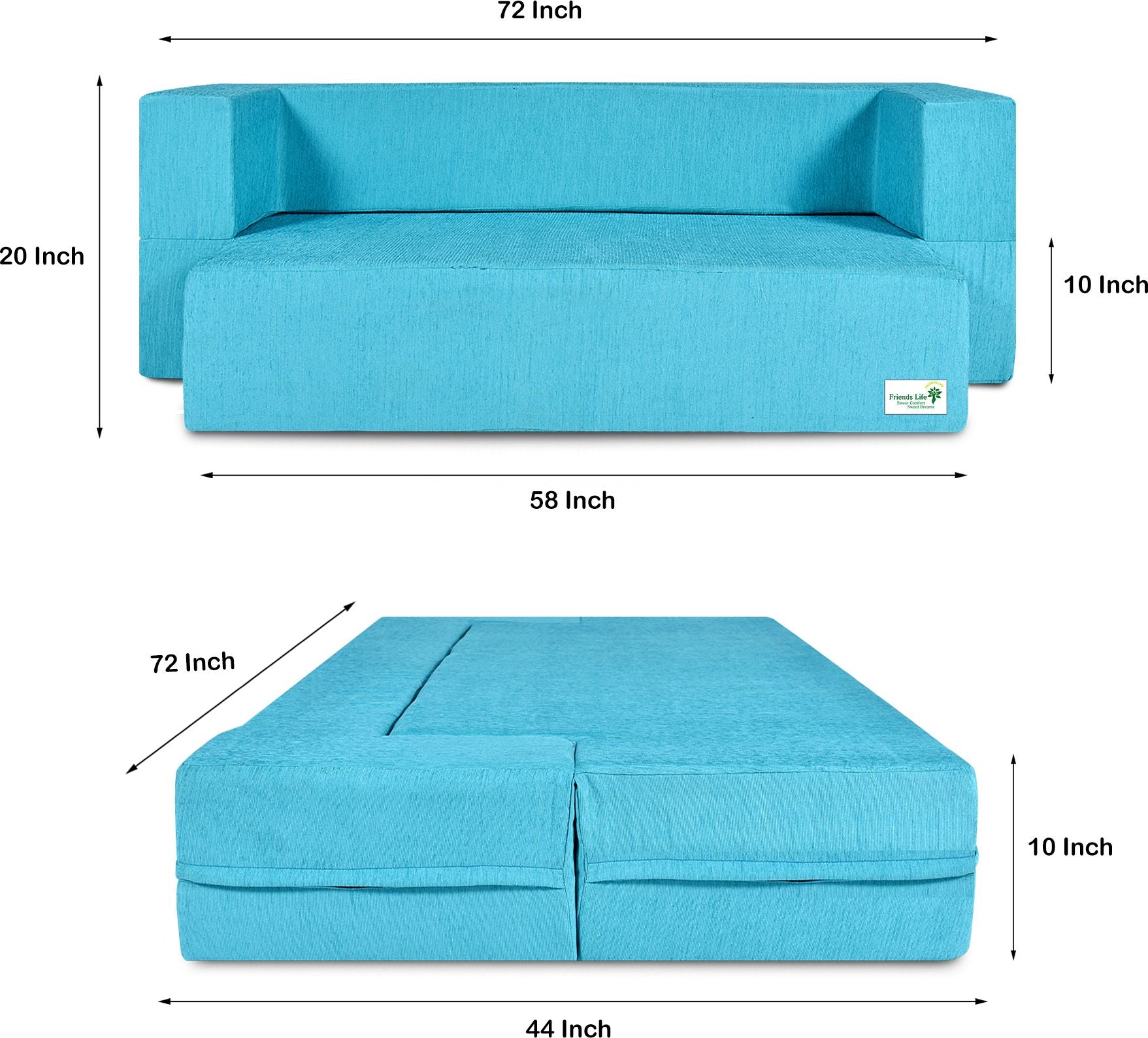 FRIENDS LIFE 4 Seater Sofa Cum Bed | Foldable Sofa cuma Bed | 4 Pillow | Jute Finish Fabric, Blue (44X10X72) inches Comfort for All Sofa Cum Bed for Living Room & Guests (N-CA01)