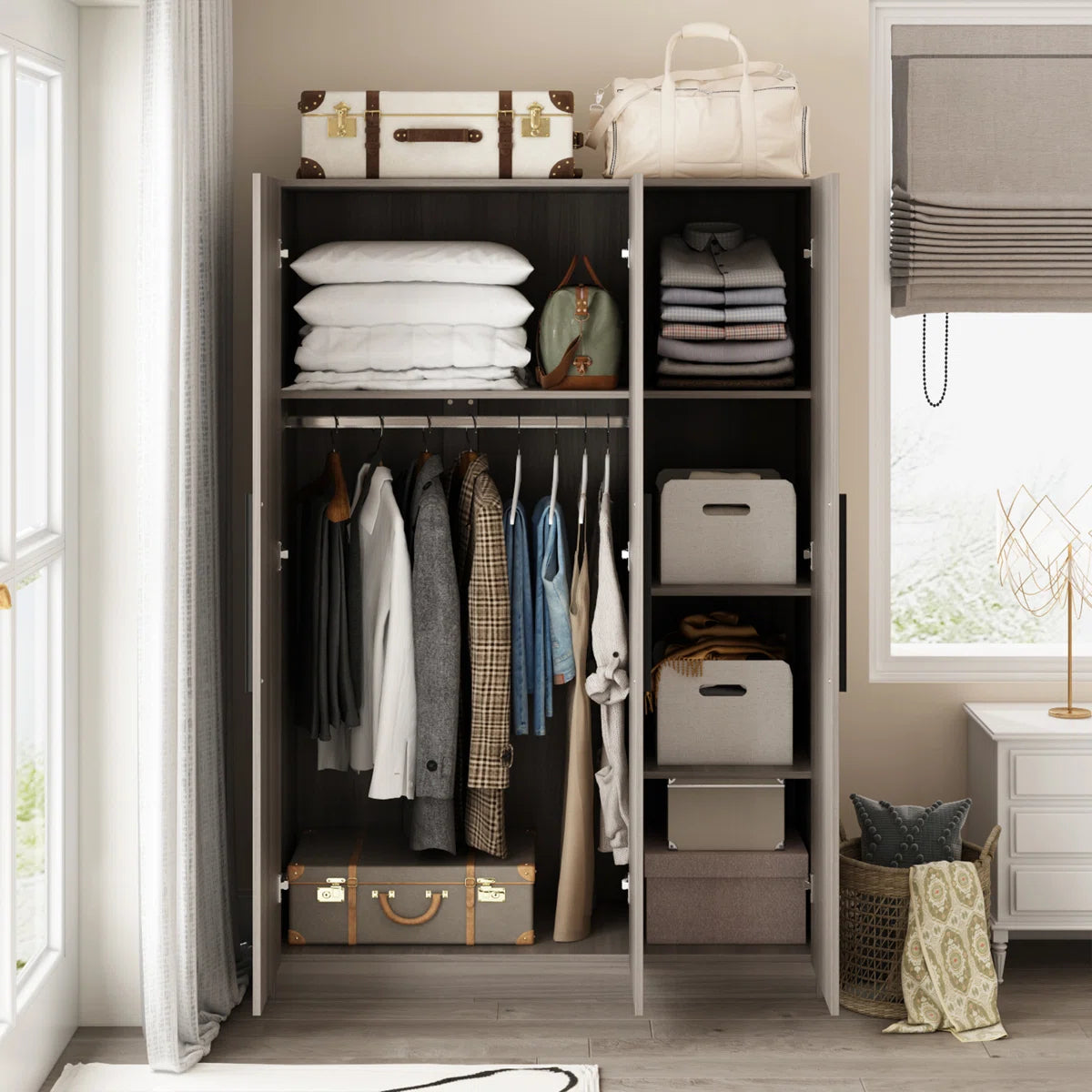 FRIENDS LIFE Modern Freestanding Wardrobe with Hanging Rod and Storage Compartments for Bedroom