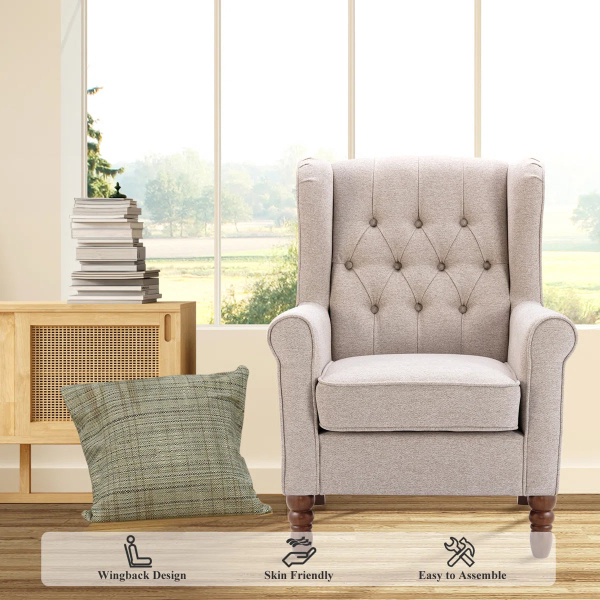 Button-Tufted Small Wingback Accent Chair with Rolled Arm and Thick Padded Cushion
