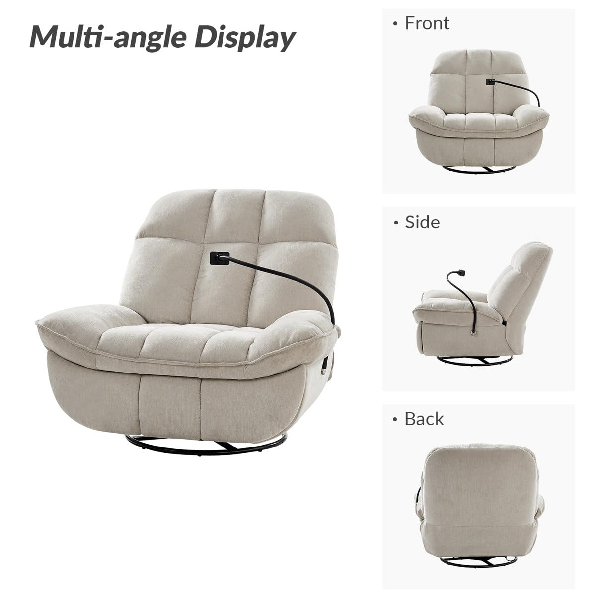 Jace Recliner Sofa 1 Seater 360° Swivel and Rock Modern Upholstered Manual Swivel and Rocker Recliner with Phone Holder Color Beige