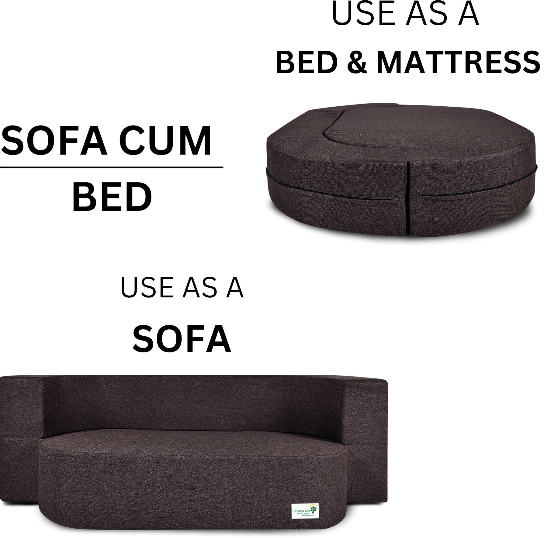 FRIENDS LIFE 3 Seater Fabric Sofa Cum Bed with Washable Cover and 3 Cushions/Pillows | Foldable Sofa Cum Bed with 1 Year Warranty Perfect for Home Office Guests Living Room (CA81, 3 Seater)
