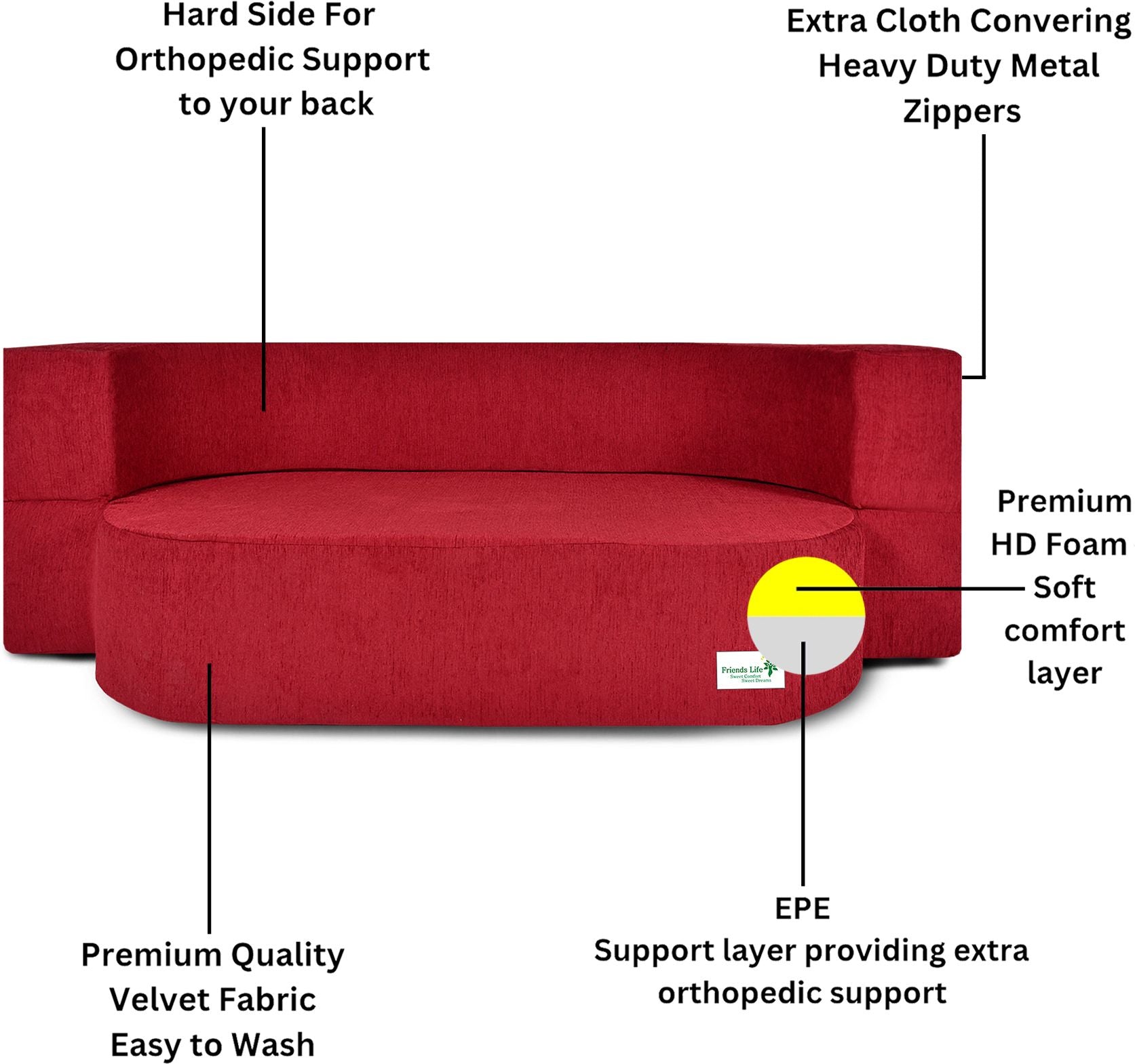 FRIENDS LIFE 3 Seater Sofa Cum Bed with Washable Cover and 3 Cushions/Pillows | Foldable Sofa Cum Bed with 1 Year Warranty Perfect for Home Office Guests Living Room (CA57, 3 Seater)