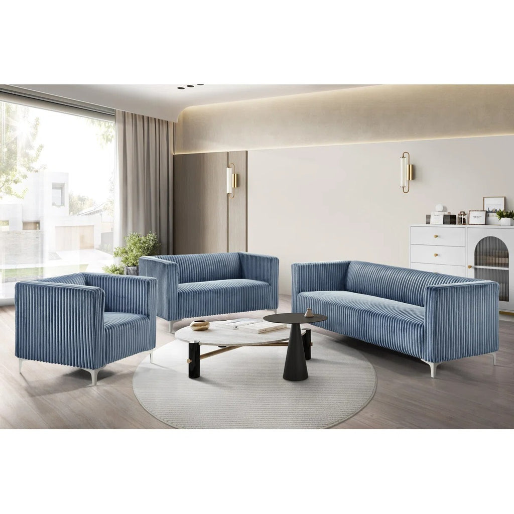 Chryssa Modern Tufted Design Sofa 3 Seater | Loveseat with Armrest, Metal Legs – Blue Living Room Sofa