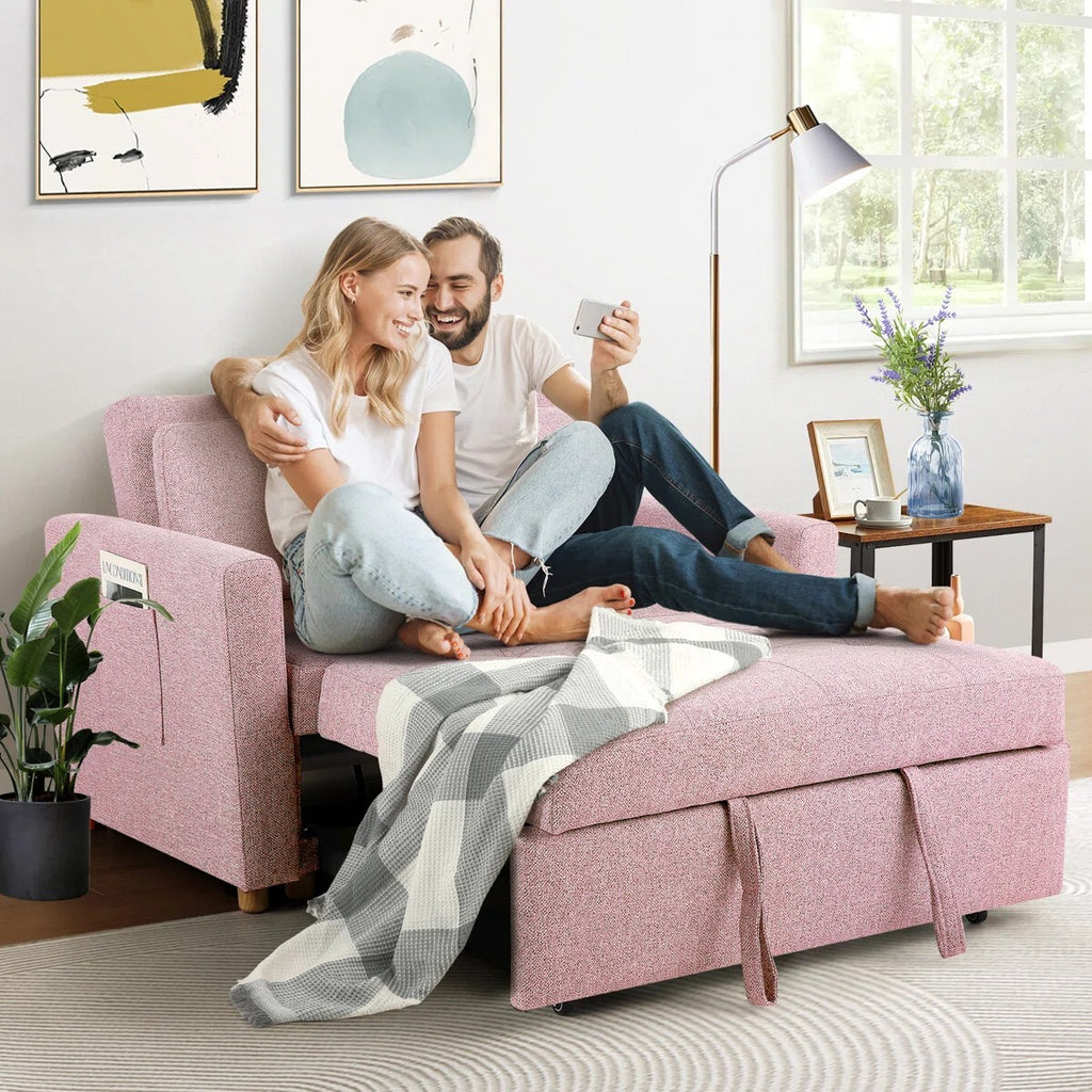 FRIENDS LIFE Dharius 48.5" Sofa Cumbeds 2 Seater Convertible 3 in 1 Upholstered Reclining Sleeper Sofa Cum Bed with Cushions Color Pink