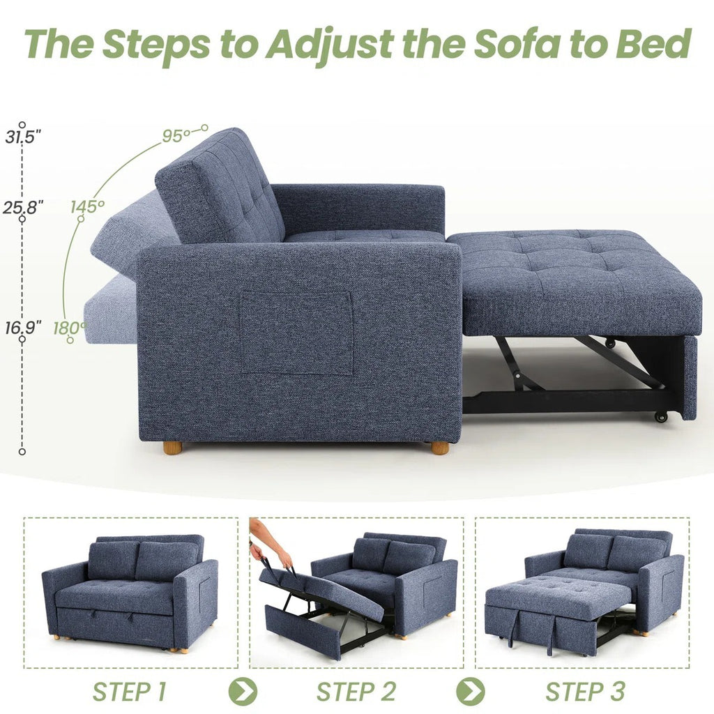 Dharius 48.5" Convertible Sofa Bed 3-in-1 Upholstered Reclining Sleeper Sofa Couch Bed with Cushions Color Navy Blue