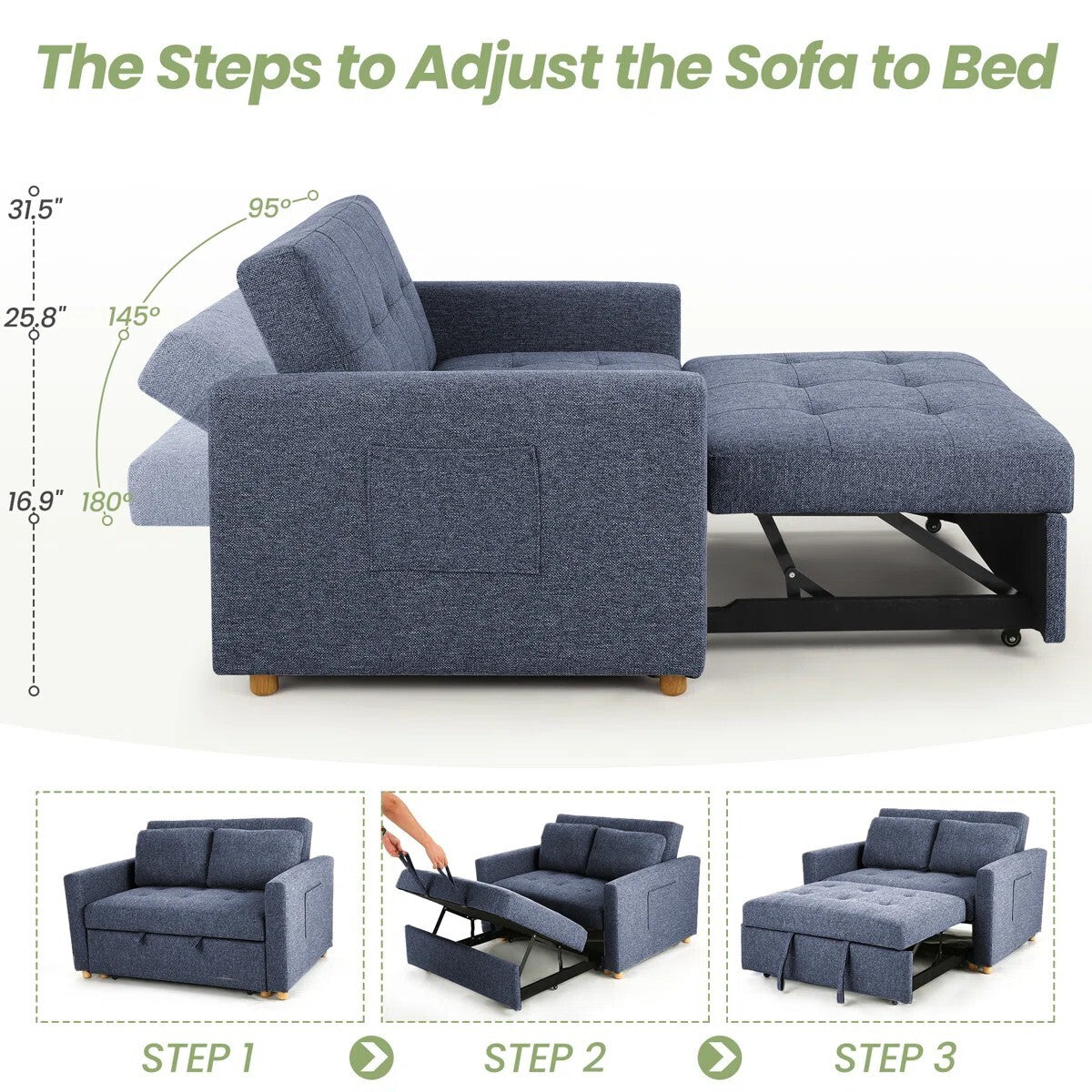 Dharius 48.5" Convertible Sofa Bed 3-in-1 Upholstered Reclining Sleeper Sofa Couch Bed with Cushions Color Navy Blue