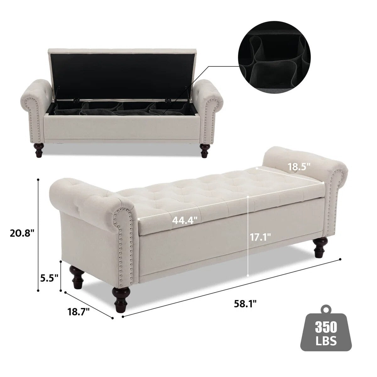 FRIENDS LIFE Segmented Storage Compartments Bedroom Bench, Ottoman Storage Bench | Velvet/Line Fabrics Multipurpose Settee for Living Room Casual Rectangular Color Beige