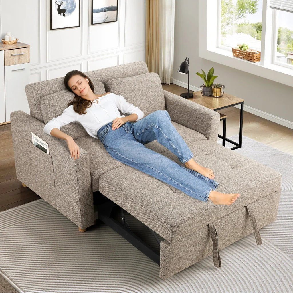 FRIENDS LIFE Dharius 48.5" Pull Out Convertible Sofa Bed 3 in 1 Upholstered Reclining Sleeper Sofa Cum Bed with Cushions Color Brown Grey