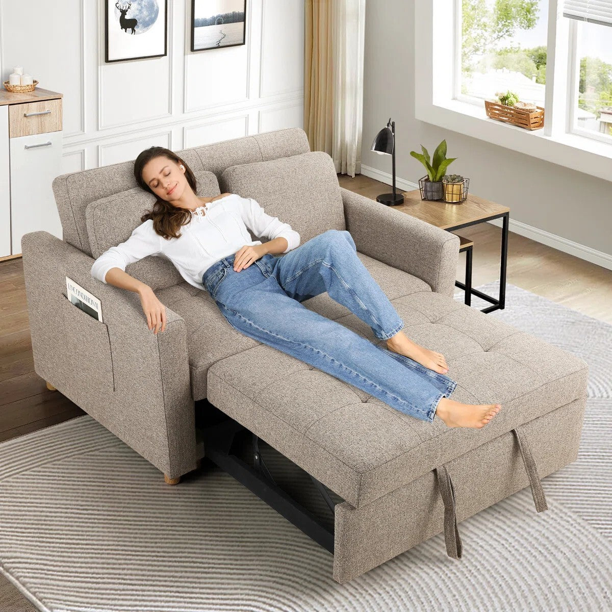 FRIENDS LIFE Dharius 48.5" Pull Out Convertible Sofa Bed 3 in 1 Upholstered Reclining Sleeper Sofa Cum Bed with Cushions Color Brown Grey