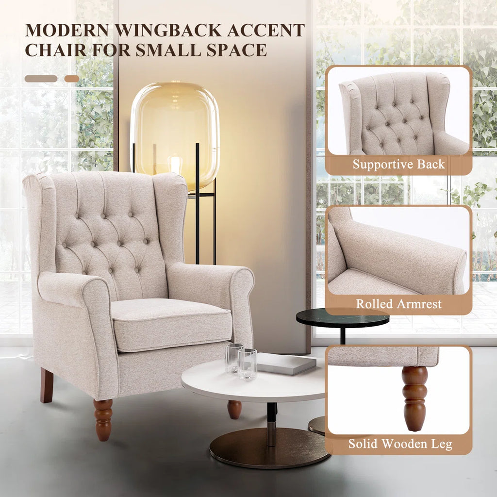 Button-Tufted Small Wingback Accent Chair with Rolled Arm and Thick Padded Cushion