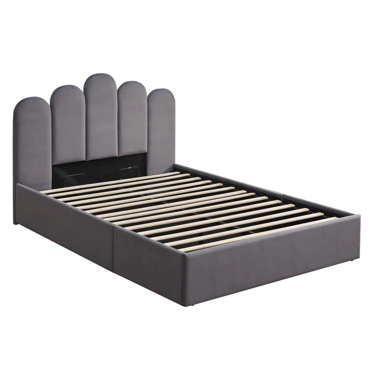 FRIENDS LIFE Velvet Palm shaped Headboard Full Bed Frame with Lift Up Storage, No Box Spring Needed, Gray