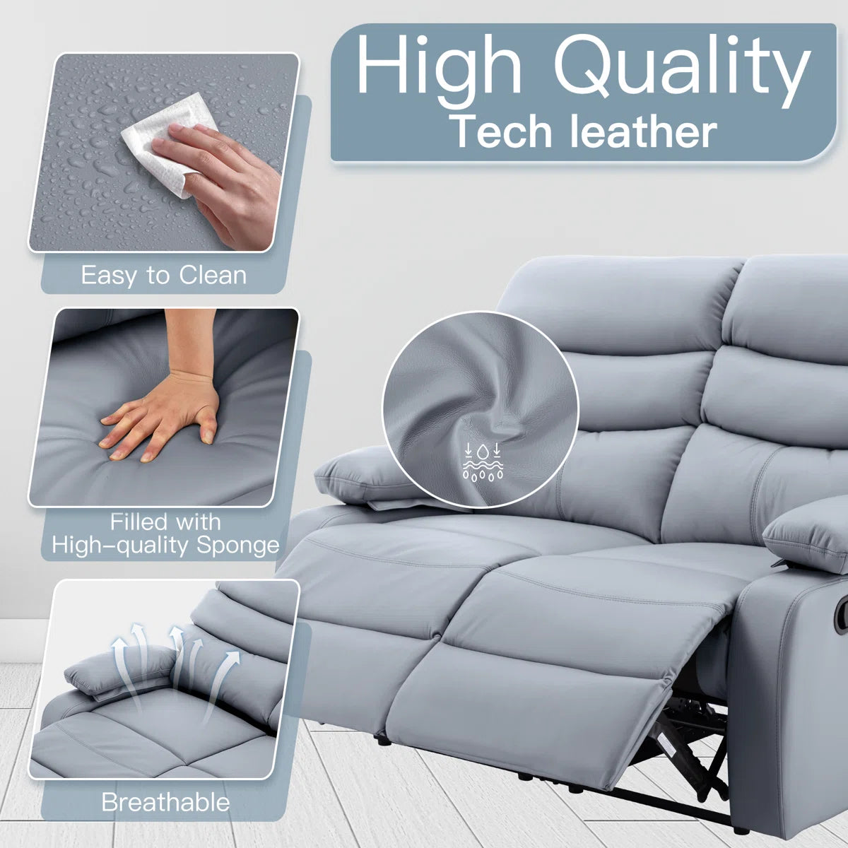 Loveseat Recliner Sofa 2 Seater Reclining Chair with Footrest Color Cream White (Grey)