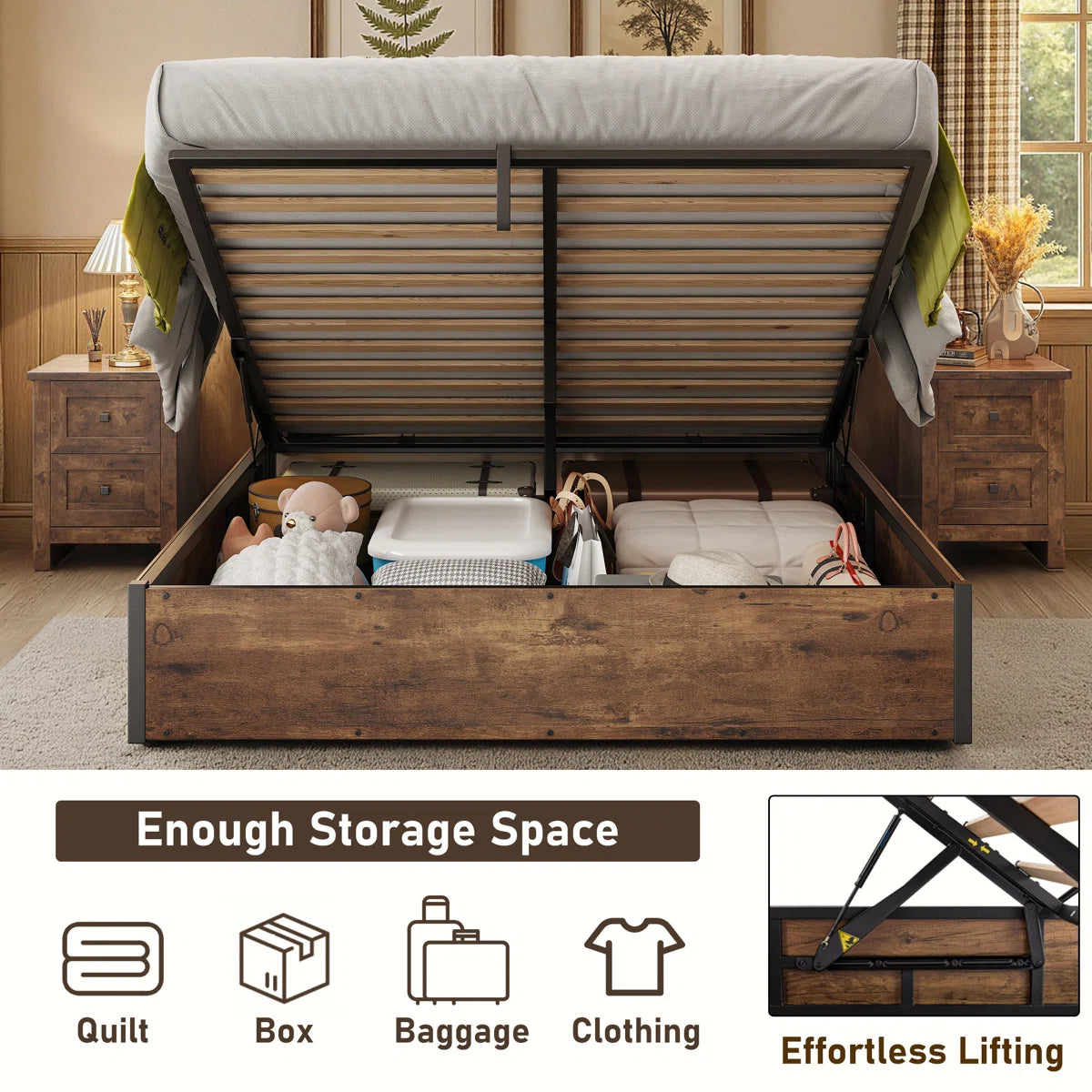 Shila Lift Up Storage Bed Brown