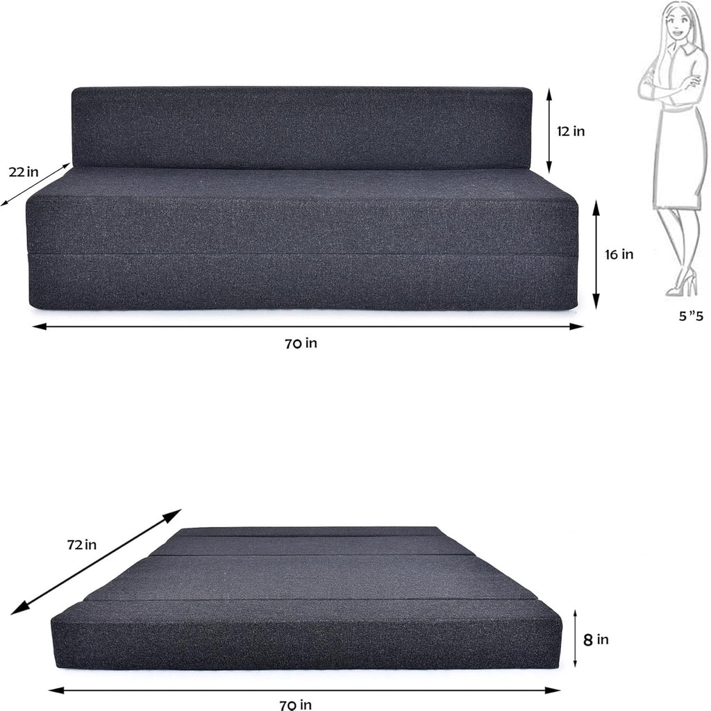 Seater Sofa Cum Bed | 1 Years Warranty | Foldable Sofacum Bed | 3 Pillow Jute Finish Fabric, Grey (6X6) inches Comfort for All Sofa Cum Bed for Living Room & Guests (N-FA03)