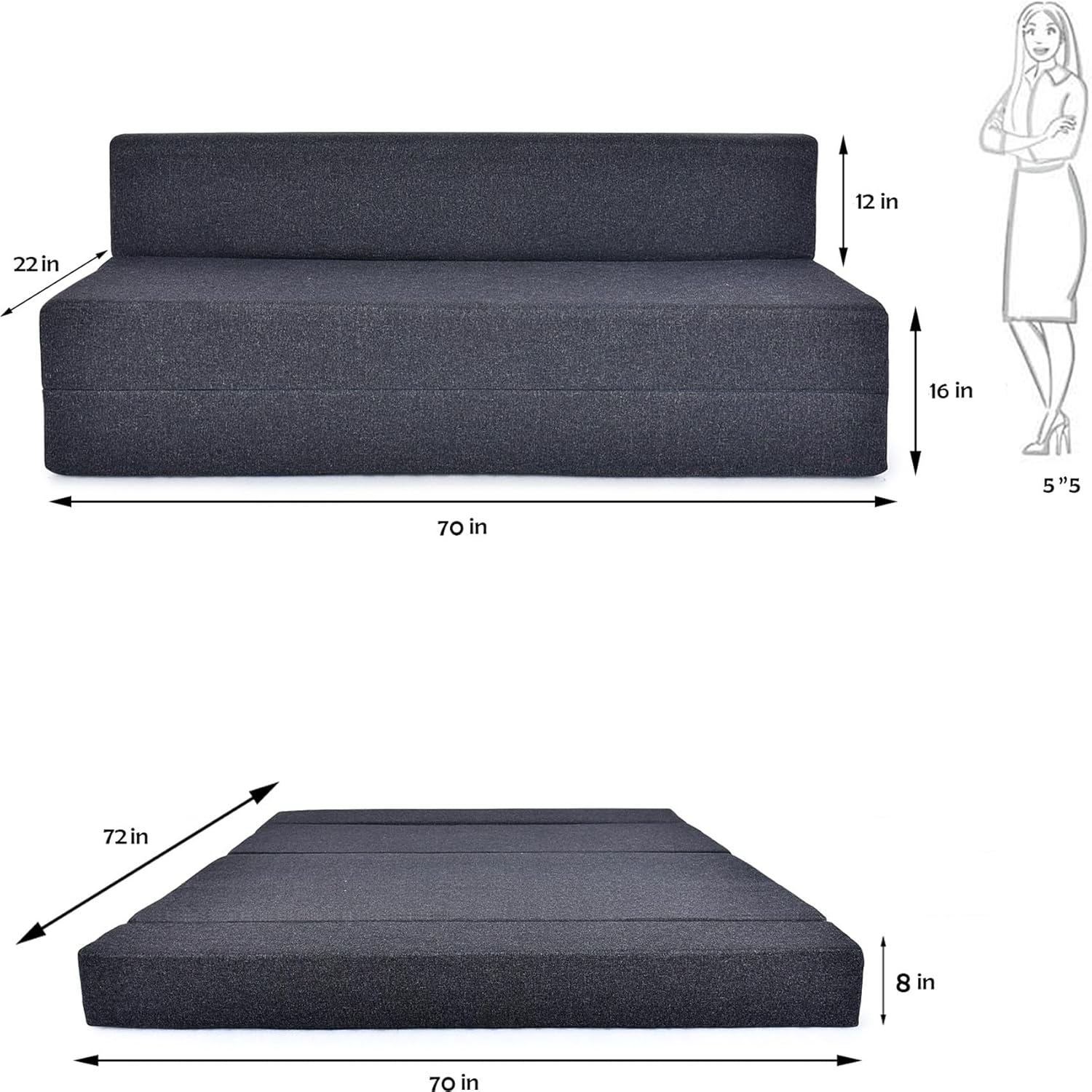 Seater Sofa Cum Bed | 1 Years Warranty | Foldable Sofacum Bed | 3 Pillow Jute Finish Fabric, Grey (6X6) inches Comfort for All Sofa Cum Bed for Living Room & Guests (N-FA03)