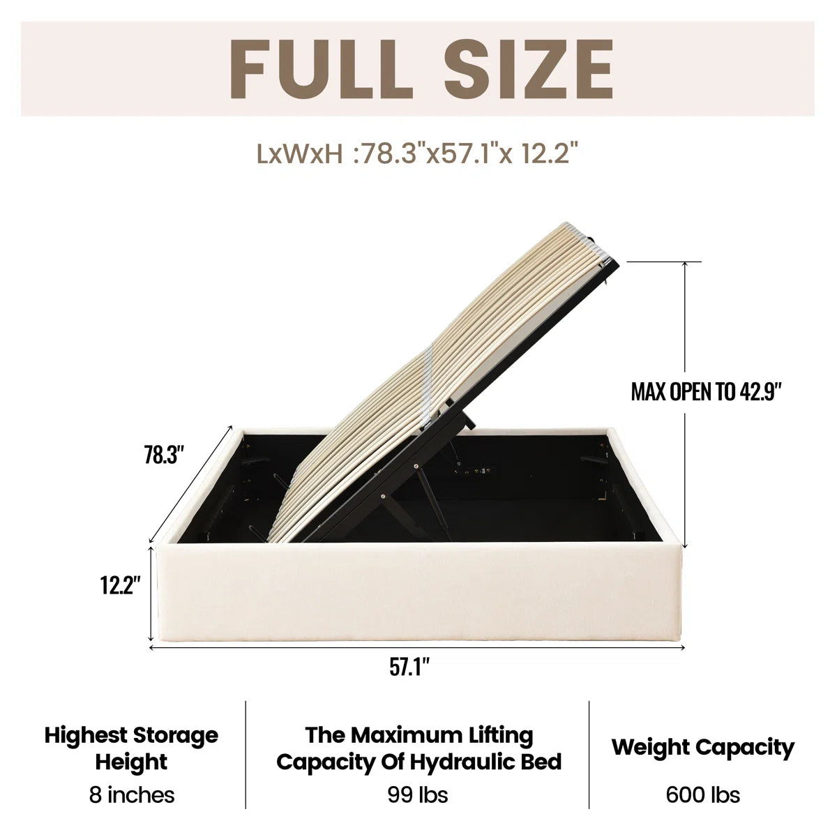 Aristedes Side Lift Up Platform Storage Bed Cream