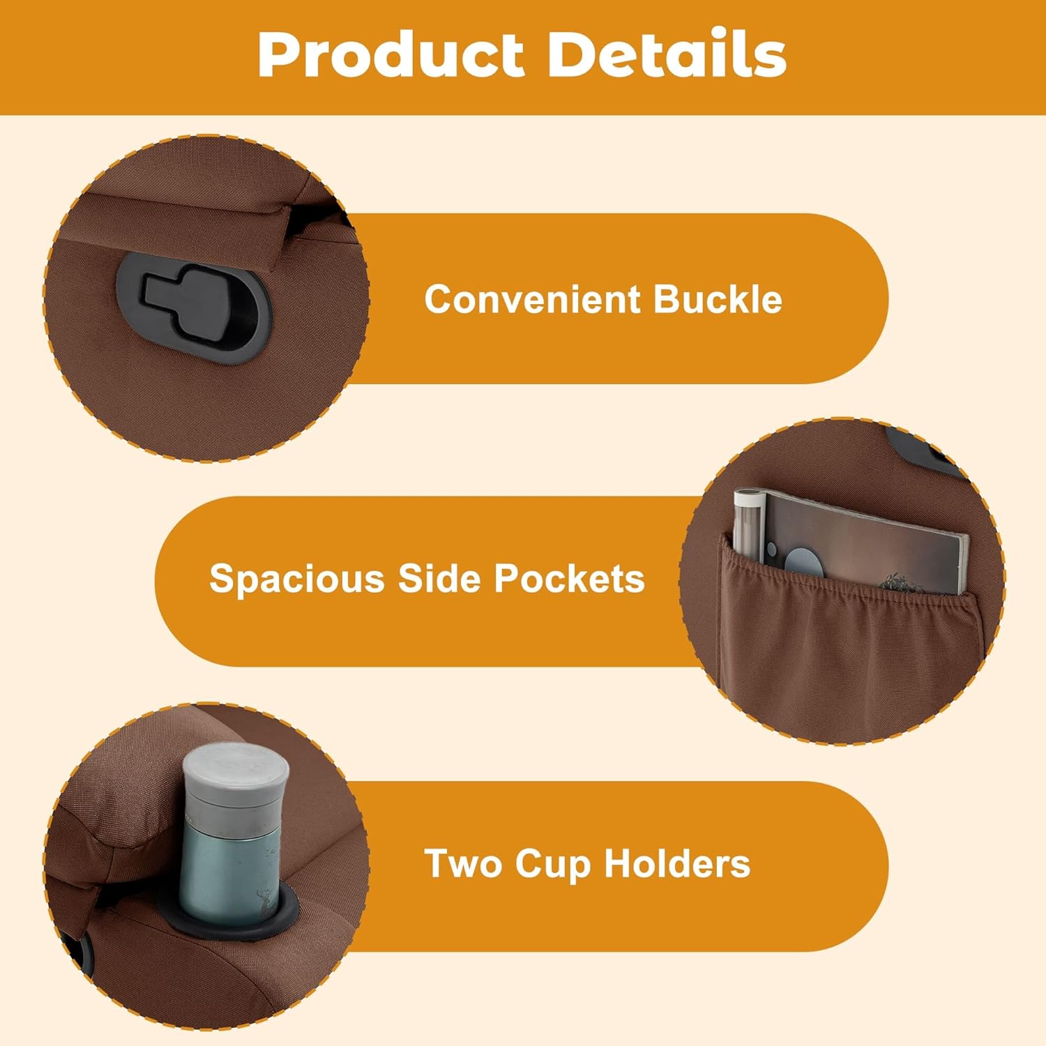 Recliner Sofa 1 Seater | Small Recliners for Small Spaces, Manual Recliner with Cup Holders and Side Pockets, Chairs for Living Room, Bedroom, Nursery, Brown