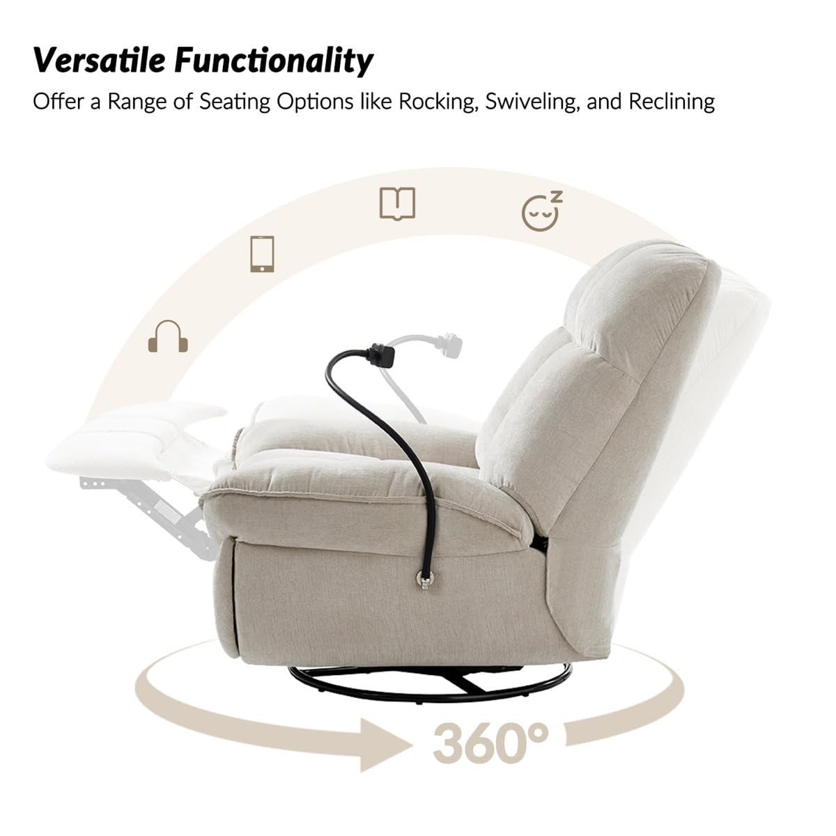 Jace Recliner Sofa 1 Seater 360° Swivel and Rock Modern Upholstered Manual Swivel and Rocker Recliner with Phone Holder Color Beige