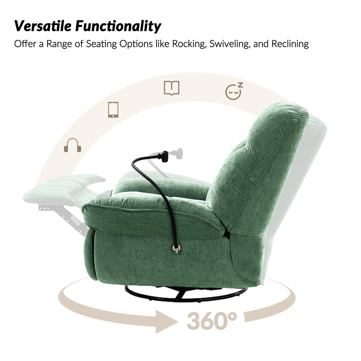 Recliner Sofa 1 Seater Jace Modern Upholstered Manual Swivel Rocker Recliner with Phone Holder Color Green