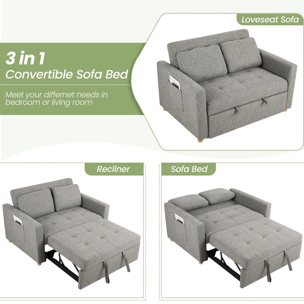 Dharius 48.5" Convertible Sofa Bed 3-in-1 Upholstered Reclining Sleeper Sofa Couch Bed with Cushions Color Grey