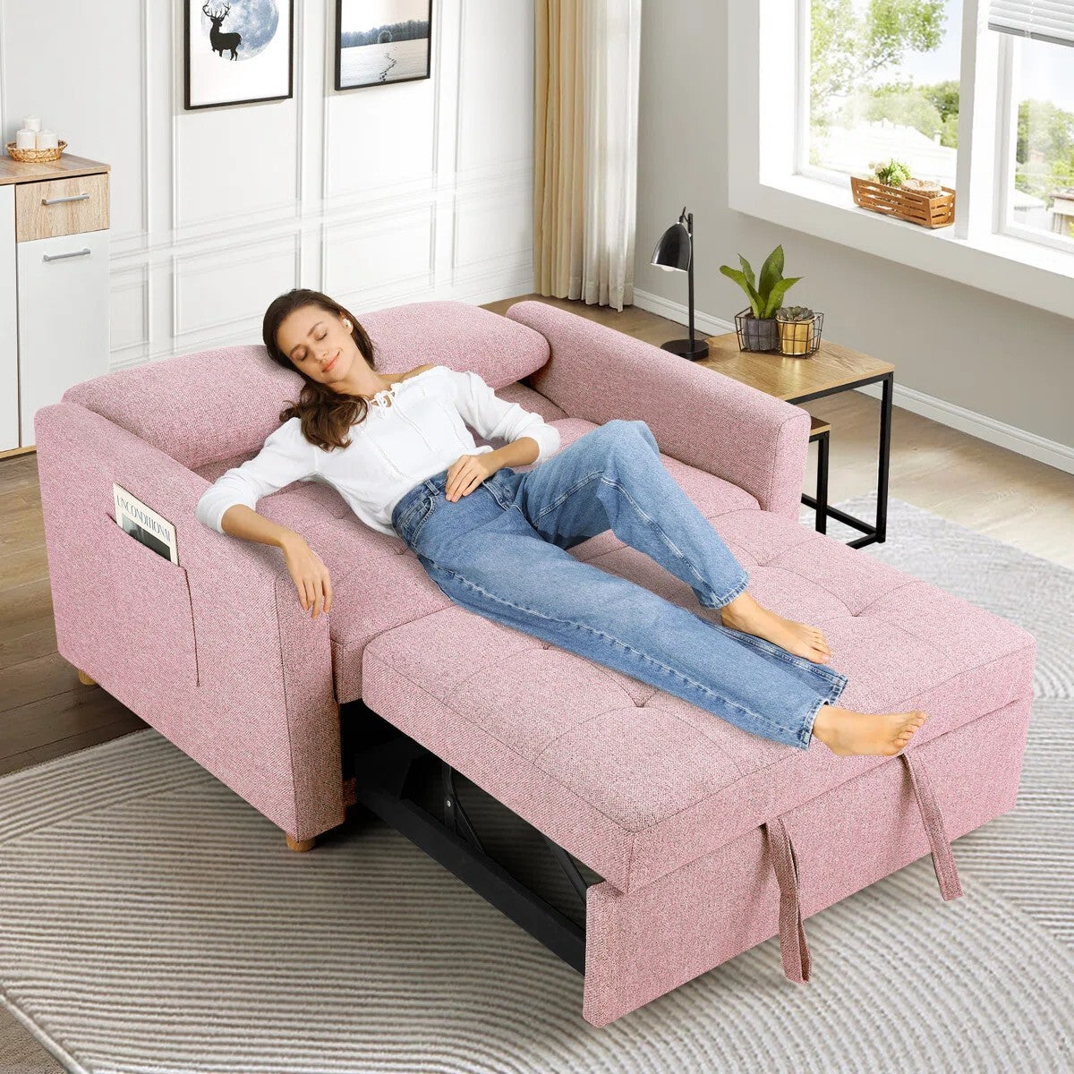 FRIENDS LIFE Dharius 48.5" Sofa Cumbeds 2 Seater Convertible 3 in 1 Upholstered Reclining Sleeper Sofa Cum Bed with Cushions Color Pink