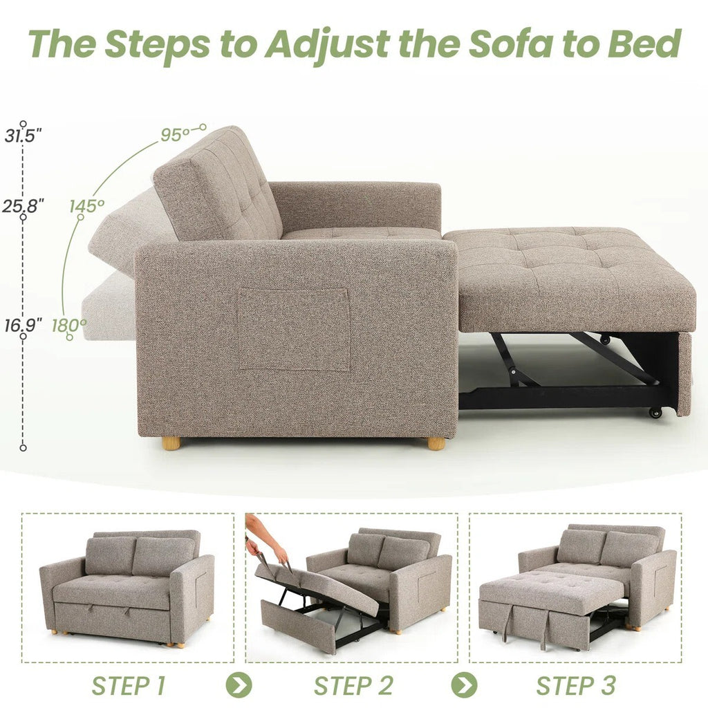 FRIENDS LIFE Dharius 48.5" Pull Out Convertible Sofa Bed 3 in 1 Upholstered Reclining Sleeper Sofa Cum Bed with Cushions Color Brown Grey
