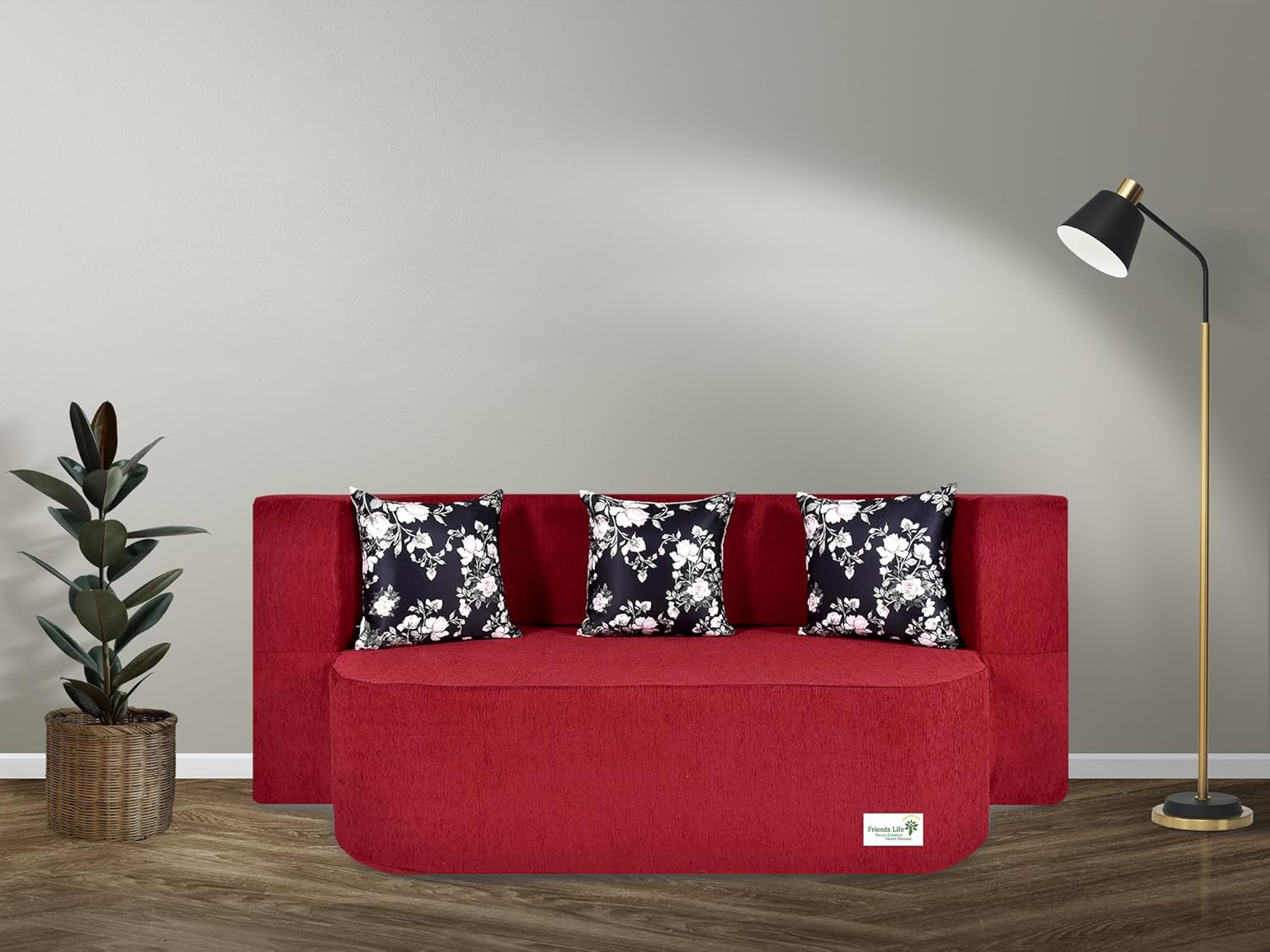 3 Seater Sofa Cum Bed with 3 Pillow Jute Finish Fabric, Maroon (47X72X14) inches