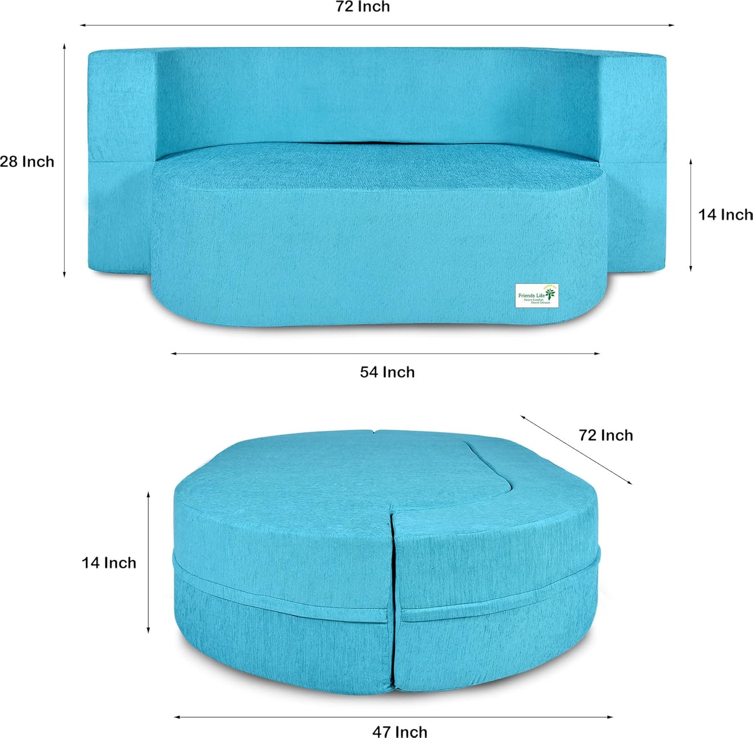FRIENDS LIFE 3 Seater Sofa Bed with 3 Pillow Jute Finish Fabric, Blue (47X72X14)