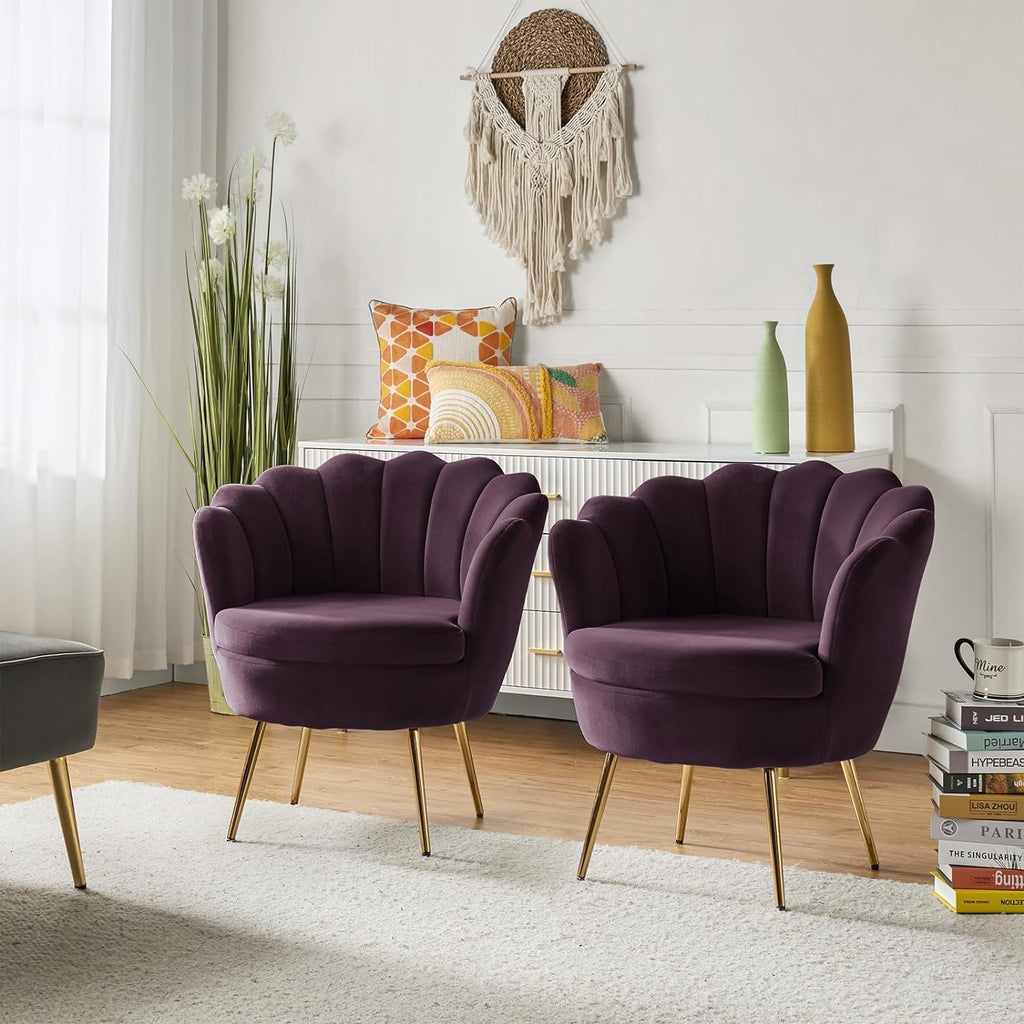 Barrel Chair with Golden Legs Armchair, Modern Sturdy Arm Chair Durable Upholstered Chair Wooden Armrest Chair for Living Room Bedroom Hotel Reading (Set of 2 Chairs (Purple)