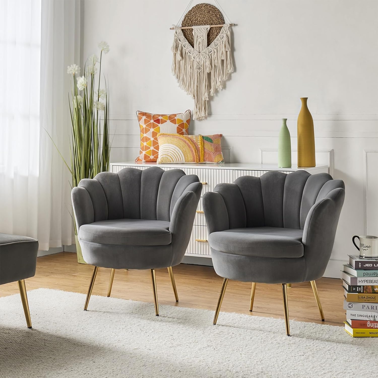 Barrel Chair with Golden Legs Armchair, Modern Sturdy Arm Chair Durable Upholstered Chair Wooden Armrest Chair for Living Room Bedroom Hotel Reading (Set of 2 Chairs (Grey)