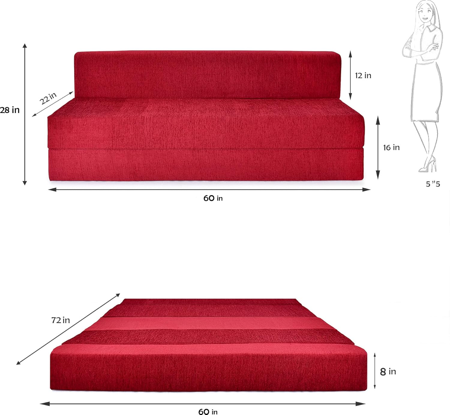 Sofa Cum Bed 3 Seater Jute Finish Fabric, Maroon (5X6) inches